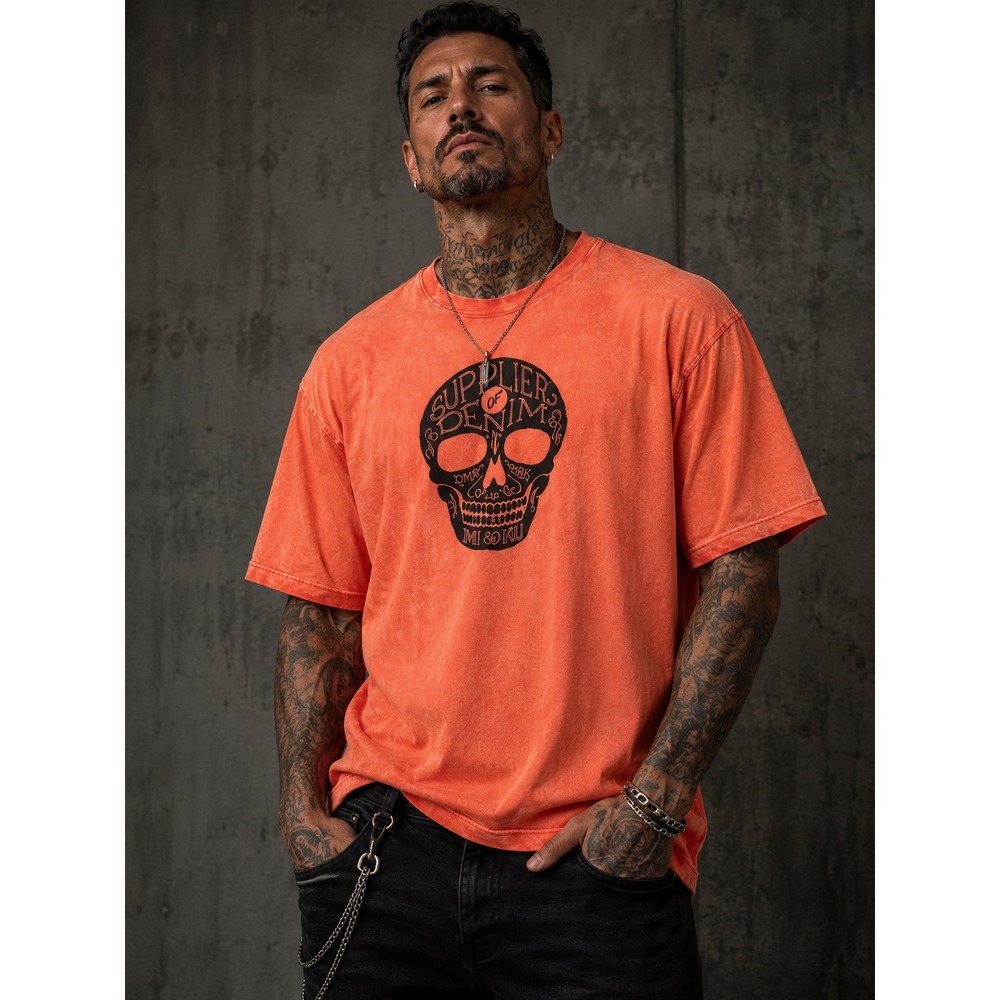 Rivet de Cru Mens 4XB Orange Acid Wash Skull Graphic T-Shirt 157-202B NWT